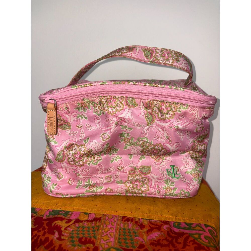 Vintage Lauren Ralph Lauren Zippered Cosmetic Case Pink and Green 9"×6"×6"